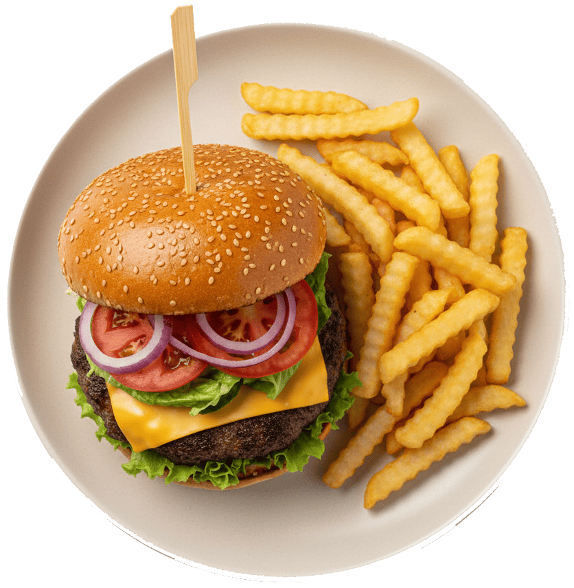 Classic beef burger with fries